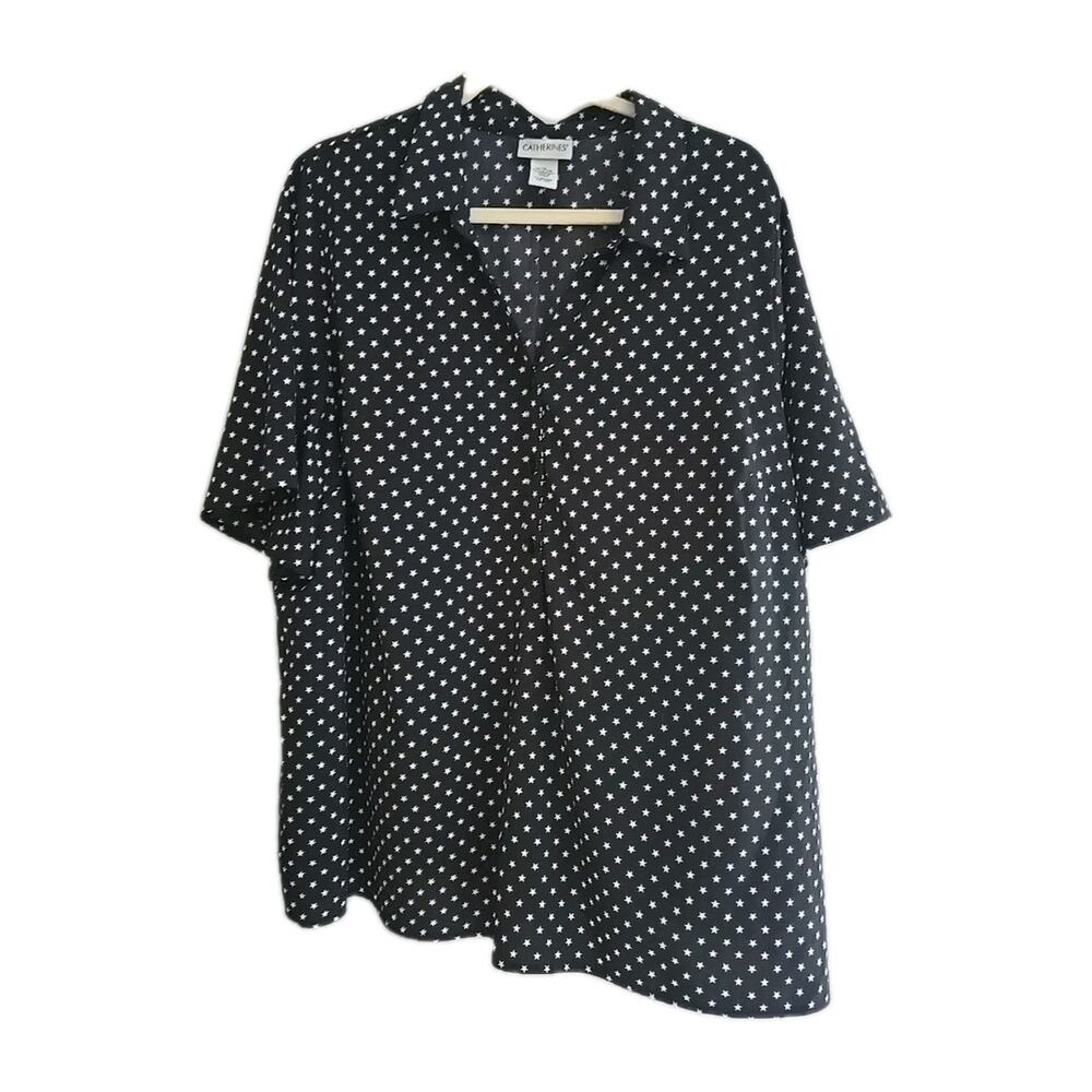 Catherines Black Stars Print Short Sleeve Button Down Shirt Womans Plus Size 1X